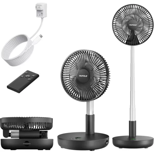 TriPole Portable Standing Fan Oscillating Fan with Remote 9 Inch Foldable Quiet Travel Fan with Power Bank Function 12000mAh Rechargeable Battery Operated Fan for Bedroom Outdoor Trip Camping Black