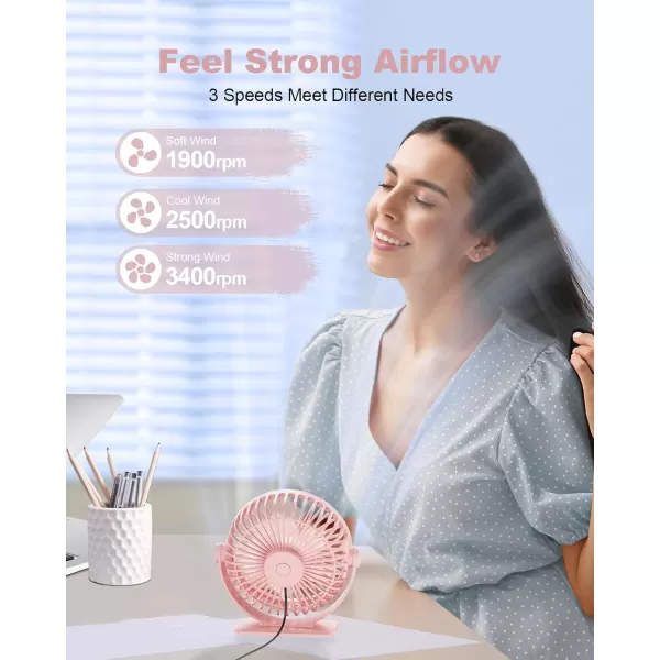 TriPole USB Desk Fan Mini Portable Personal Fan 3 Speeds Adjustable Strong Breeze Small Electric Fan 360 Rotation Quiet Plug In USB Fan for Desktop Bedroom Office Table Travel Cruise Pink 45inPink