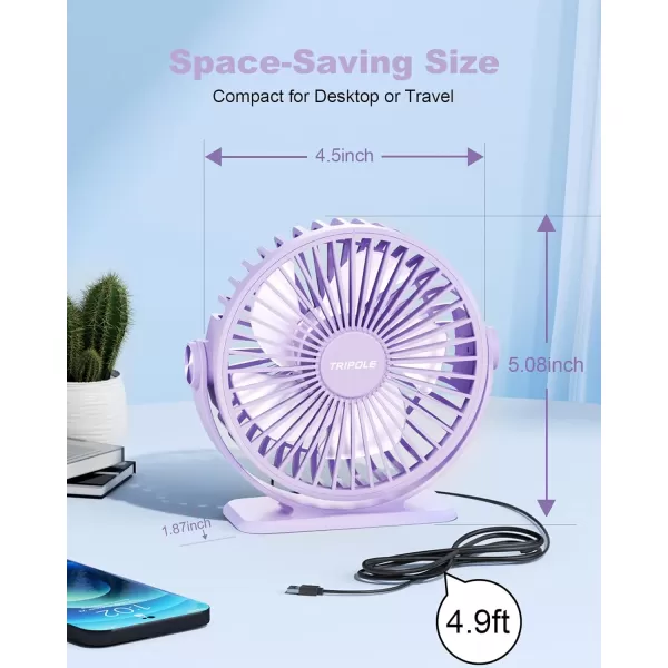 TriPole USB Desk Fan Mini Portable Personal Fan 3 Speeds Adjustable Strong Breeze Small Electric Fan 360 Rotation Quiet Plug In USB Fan for Desktop Bedroom Office Table Travel Cruise Pink 45inPurple
