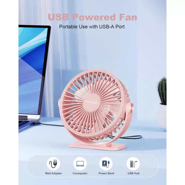 TriPole USB Desk Fan Mini Portable Personal Fan 3 Speeds Adjustable Strong Breeze Small Electric Fan 360 Rotation Quiet Plug In USB Fan for Desktop Bedroom Office Table Travel Cruise Pink 45inPink