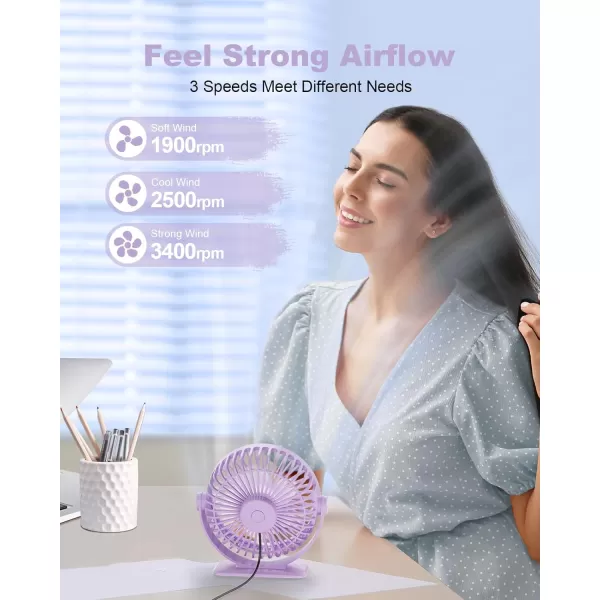 TriPole USB Desk Fan Mini Portable Personal Fan 3 Speeds Adjustable Strong Breeze Small Electric Fan 360 Rotation Quiet Plug In USB Fan for Desktop Bedroom Office Table Travel Cruise Pink 45inPurple