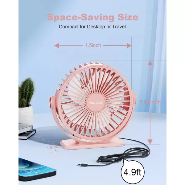 TriPole USB Desk Fan Mini Portable Personal Fan 3 Speeds Adjustable Strong Breeze Small Electric Fan 360 Rotation Quiet Plug In USB Fan for Desktop Bedroom Office Table Travel Cruise Pink 45inPink