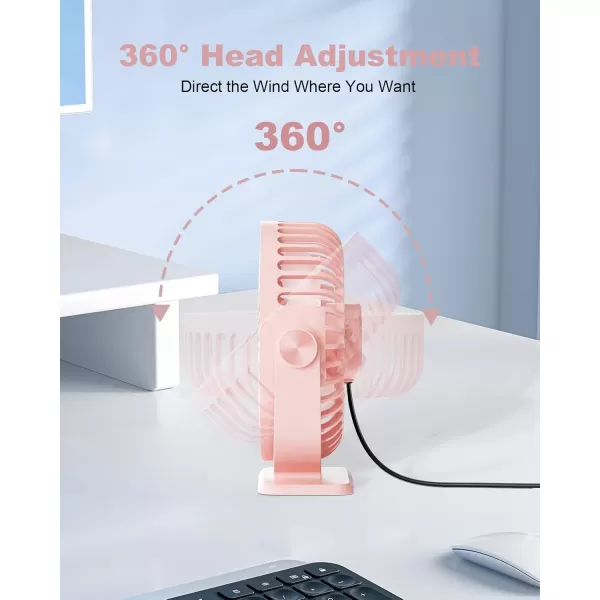 TriPole USB Desk Fan Mini Portable Personal Fan 3 Speeds Adjustable Strong Breeze Small Electric Fan 360 Rotation Quiet Plug In USB Fan for Desktop Bedroom Office Table Travel Cruise Pink 45inPink