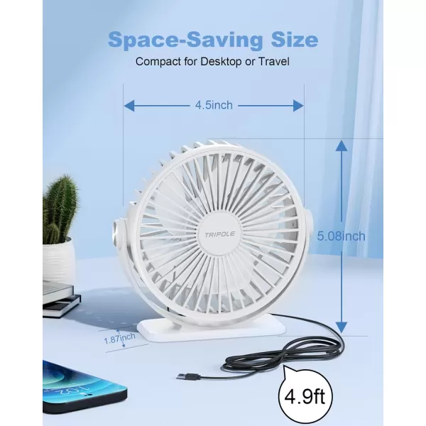 TriPole USB Desk Fan Mini Portable Personal Fan 3 Speeds Adjustable Strong Breeze Small Electric Fan 360 Rotation Quiet Plug In USB Fan for Desktop Bedroom Office Table Travel Cruise Pink 45inWhite