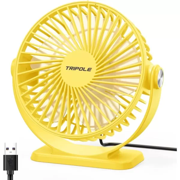 TriPole Small Desk Fan USB Powered Personal Fan Strong Airflow 3 Speeds Mini Fan 360Rotation Portable Fan 51 Inch Quiet Table Fan for Home Office Bedroom Desktop Travel Green 49ft CableYellow