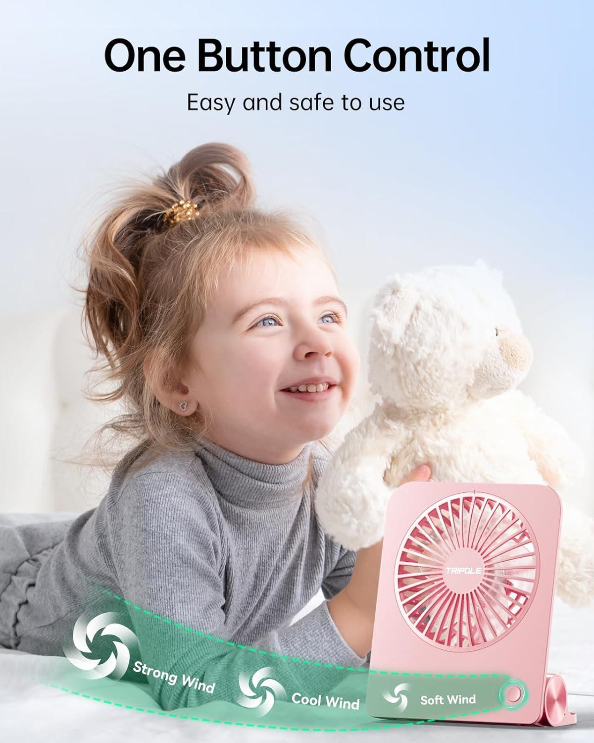 imageTriPole Desk Fan Small Portable Fan 2000 mAh Rechargeable Battery Fan Ultra Quiet 45 Inch Mini Travel Fan with 180 Tilt Folding and 3 Speeds Adjustable for Home Office Desktop WhitePink