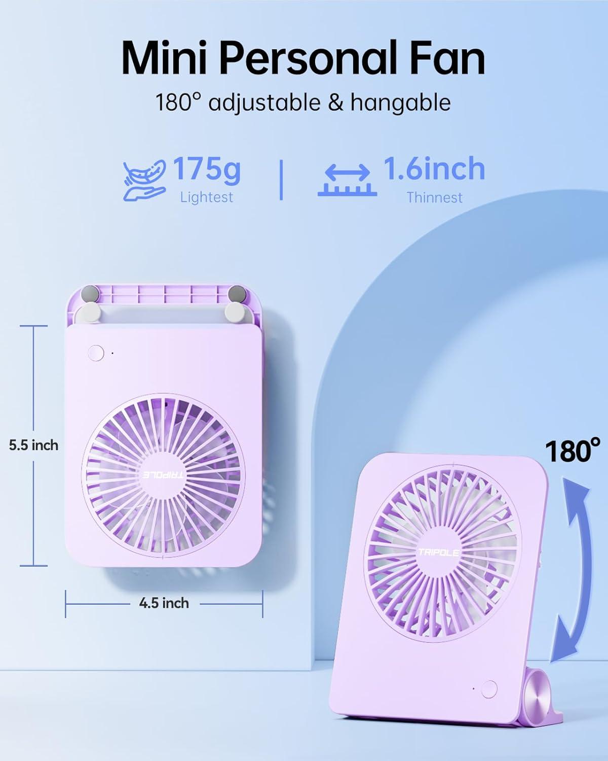 imageTriPole Desk Fan Small Portable Fan 2000 mAh Rechargeable Battery Fan Ultra Quiet 45 Inch Mini Travel Fan with 180 Tilt Folding and 3 Speeds Adjustable for Home Office Desktop WhitePurple