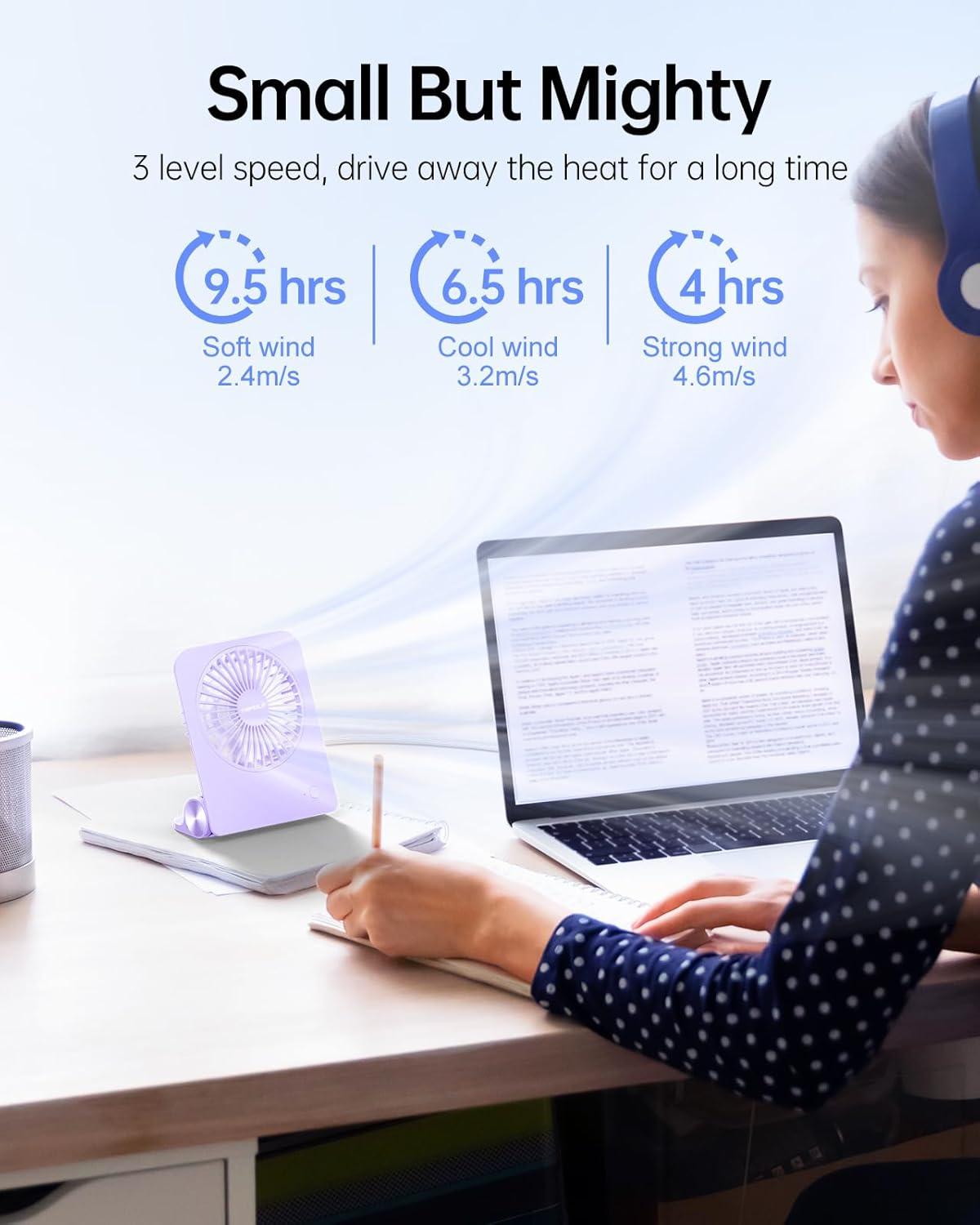imageTriPole Desk Fan Small Portable Fan 2000 mAh Rechargeable Battery Fan Ultra Quiet 45 Inch Mini Travel Fan with 180 Tilt Folding and 3 Speeds Adjustable for Home Office Desktop WhitePurple
