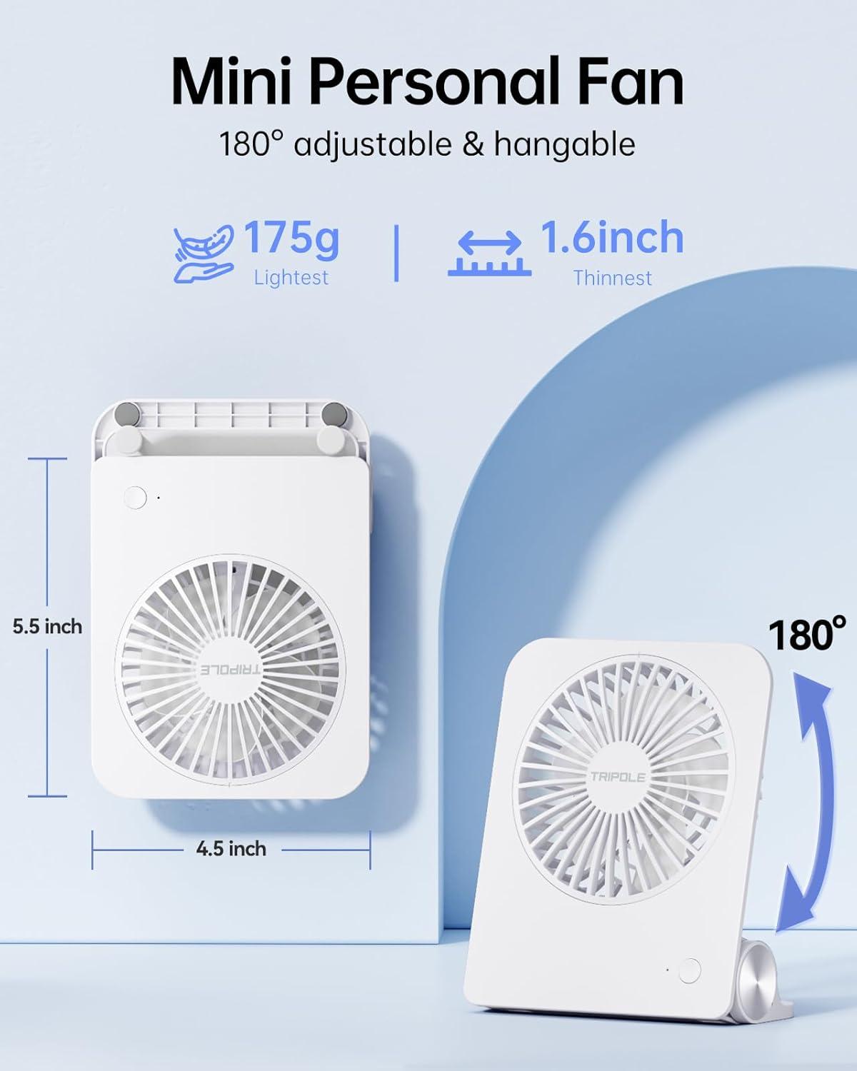 imageTriPole Desk Fan Small Portable Fan 2000 mAh Rechargeable Battery Fan Ultra Quiet 45 Inch Mini Travel Fan with 180 Tilt Folding and 3 Speeds Adjustable for Home Office Desktop WhiteWhite
