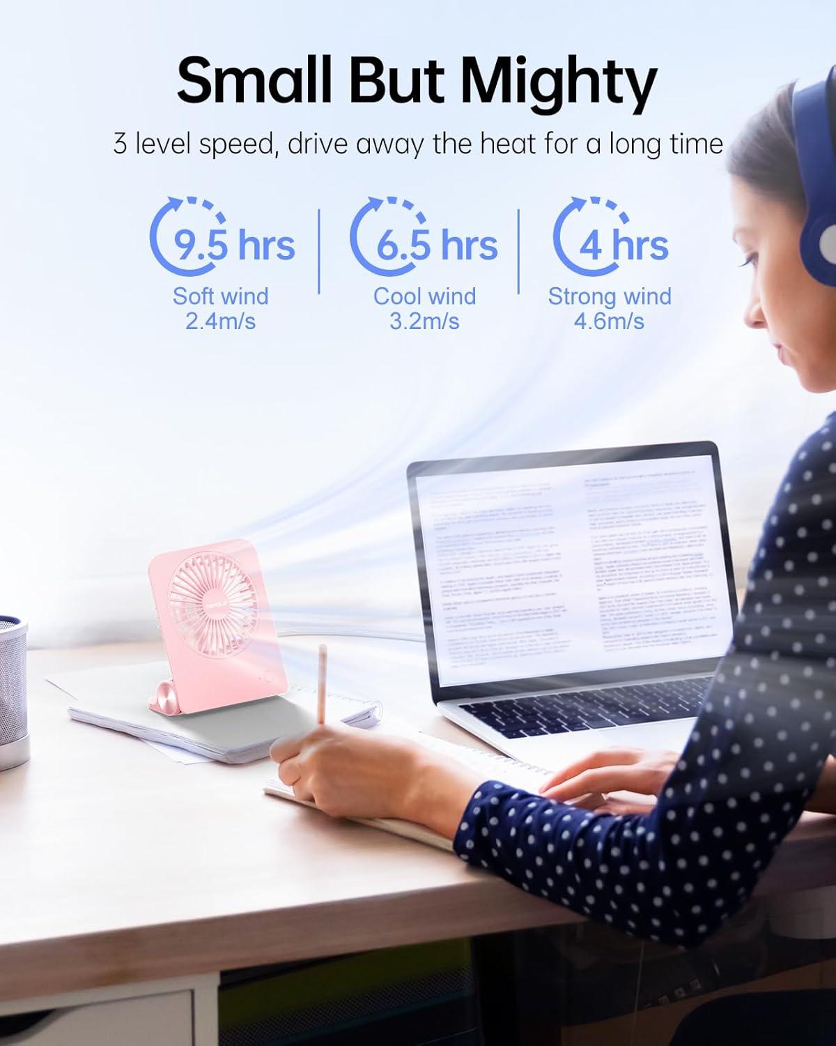 imageTriPole Desk Fan Small Portable Fan 2000 mAh Rechargeable Battery Fan Ultra Quiet 45 Inch Mini Travel Fan with 180 Tilt Folding and 3 Speeds Adjustable for Home Office Desktop WhitePink