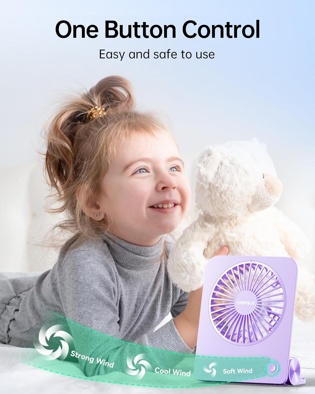 imageTriPole Desk Fan Small Portable Fan 2000 mAh Rechargeable Battery Fan Ultra Quiet 45 Inch Mini Travel Fan with 180 Tilt Folding and 3 Speeds Adjustable for Home Office Desktop WhitePurple