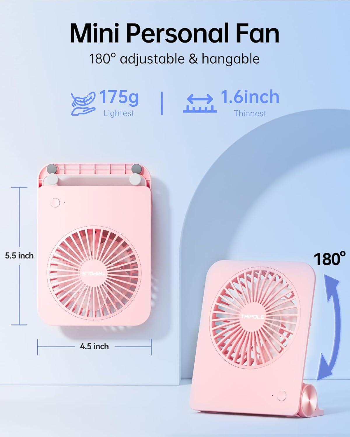 imageTriPole Desk Fan Small Portable Fan 2000 mAh Rechargeable Battery Fan Ultra Quiet 45 Inch Mini Travel Fan with 180 Tilt Folding and 3 Speeds Adjustable for Home Office Desktop WhitePink