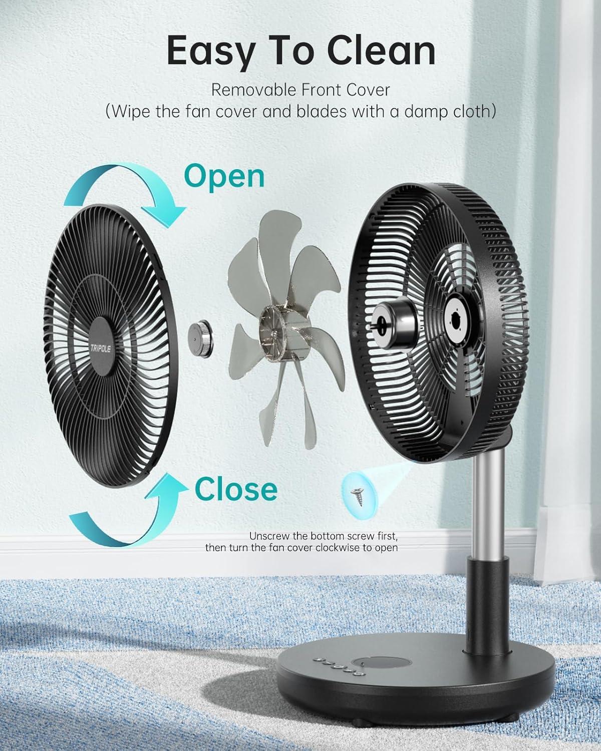 imageTriPole Foldable Standing Fan 12quot Portable Rechargeable Battery Pedestal Fan with Remote Timer Setting Height Adjustable for Home Office 6 Speed 12000mAh Black