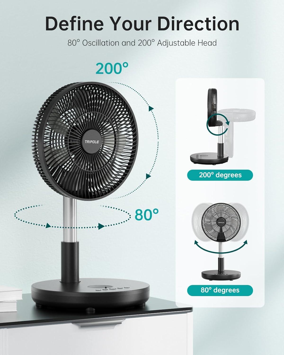 imageTriPole Foldable Standing Fan 12quot Portable Rechargeable Battery Pedestal Fan with Remote Timer Setting Height Adjustable for Home Office 6 Speed 12000mAh Black
