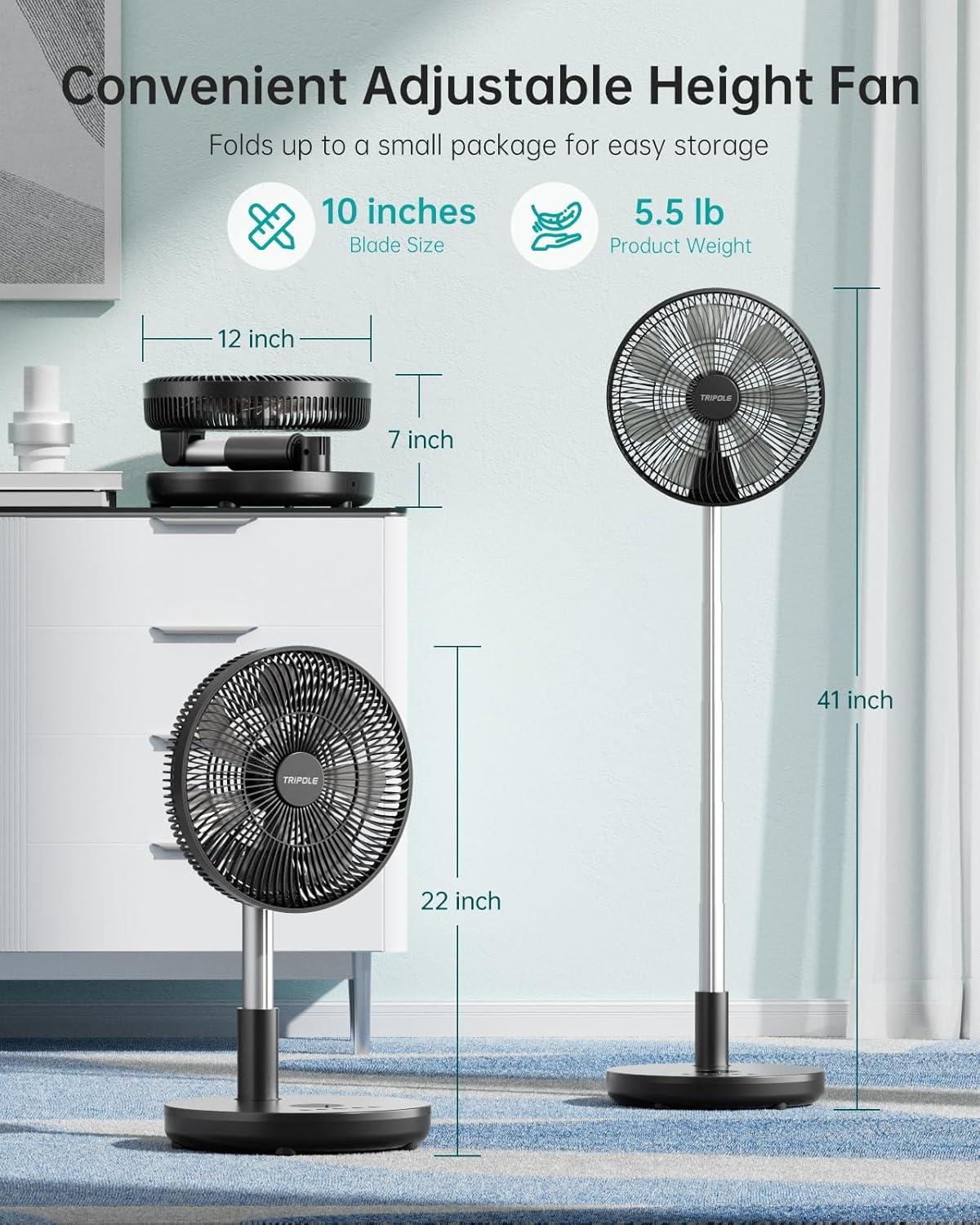 imageTriPole Foldable Standing Fan 12quot Portable Rechargeable Battery Pedestal Fan with Remote Timer Setting Height Adjustable for Home Office 6 Speed 12000mAh Black
