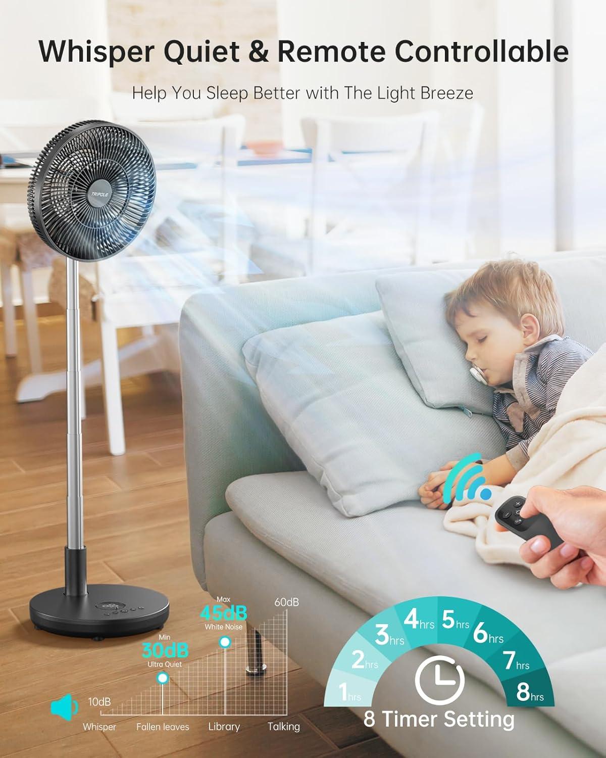 imageTriPole Foldable Standing Fan 12quot Portable Rechargeable Battery Pedestal Fan with Remote Timer Setting Height Adjustable for Home Office 6 Speed 12000mAh Black