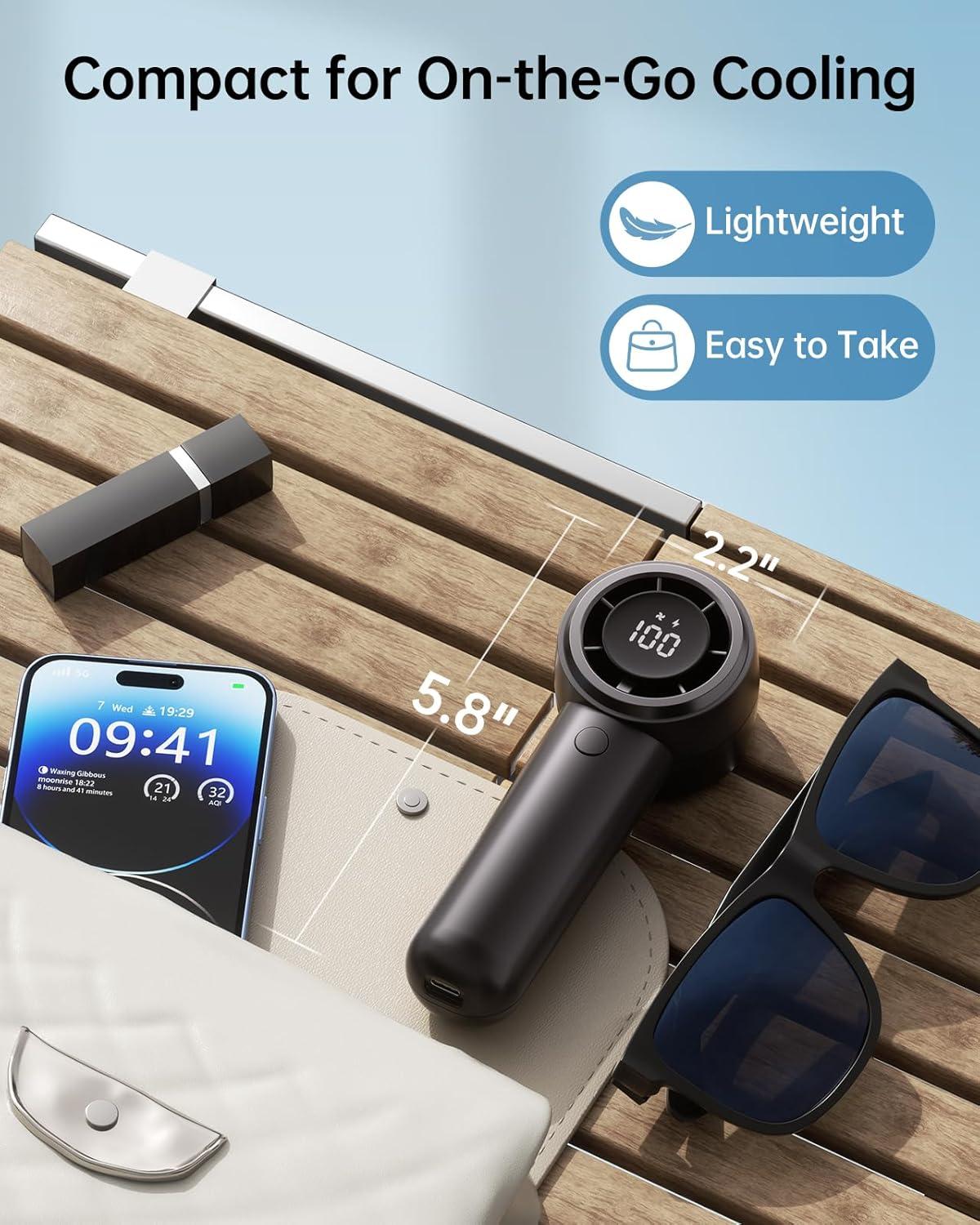 imageTriPole Handheld Portable Fan with LED Display 4000mAh Rechargeable Battery 15200RPM High Speed Airflow Small Personal Hand Held Mini Turbo Fan for Outdoor Trip Beach Camping Walk Travel EssentialBlack