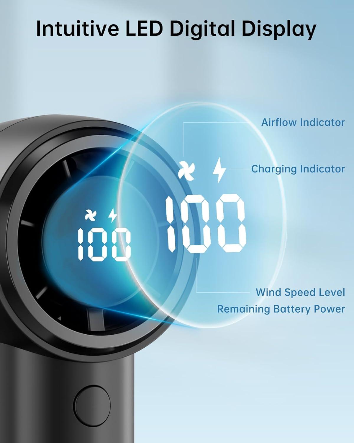 imageTriPole Handheld Portable Fan with LED Display 4000mAh Rechargeable Battery 15200RPM High Speed Airflow Small Personal Hand Held Mini Turbo Fan for Outdoor Trip Beach Camping Walk Travel EssentialBlack
