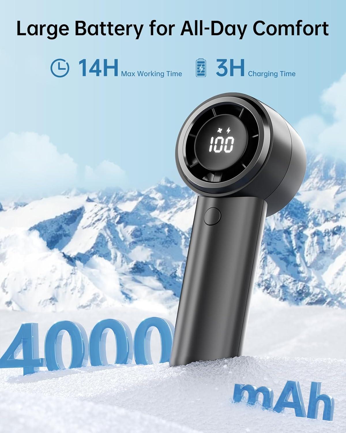 imageTriPole Handheld Portable Fan with LED Display 4000mAh Rechargeable Battery 15200RPM High Speed Airflow Small Personal Hand Held Mini Turbo Fan for Outdoor Trip Beach Camping Walk Travel EssentialBlack