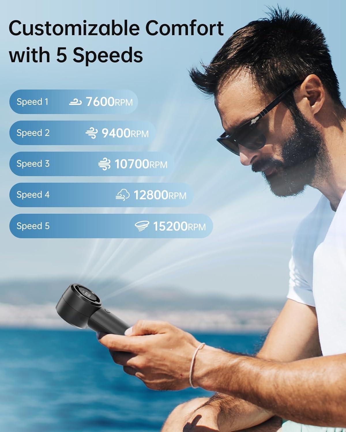 imageTriPole Handheld Portable Fan with LED Display 4000mAh Rechargeable Battery 15200RPM High Speed Airflow Small Personal Hand Held Mini Turbo Fan for Outdoor Trip Beach Camping Walk Travel EssentialBlack