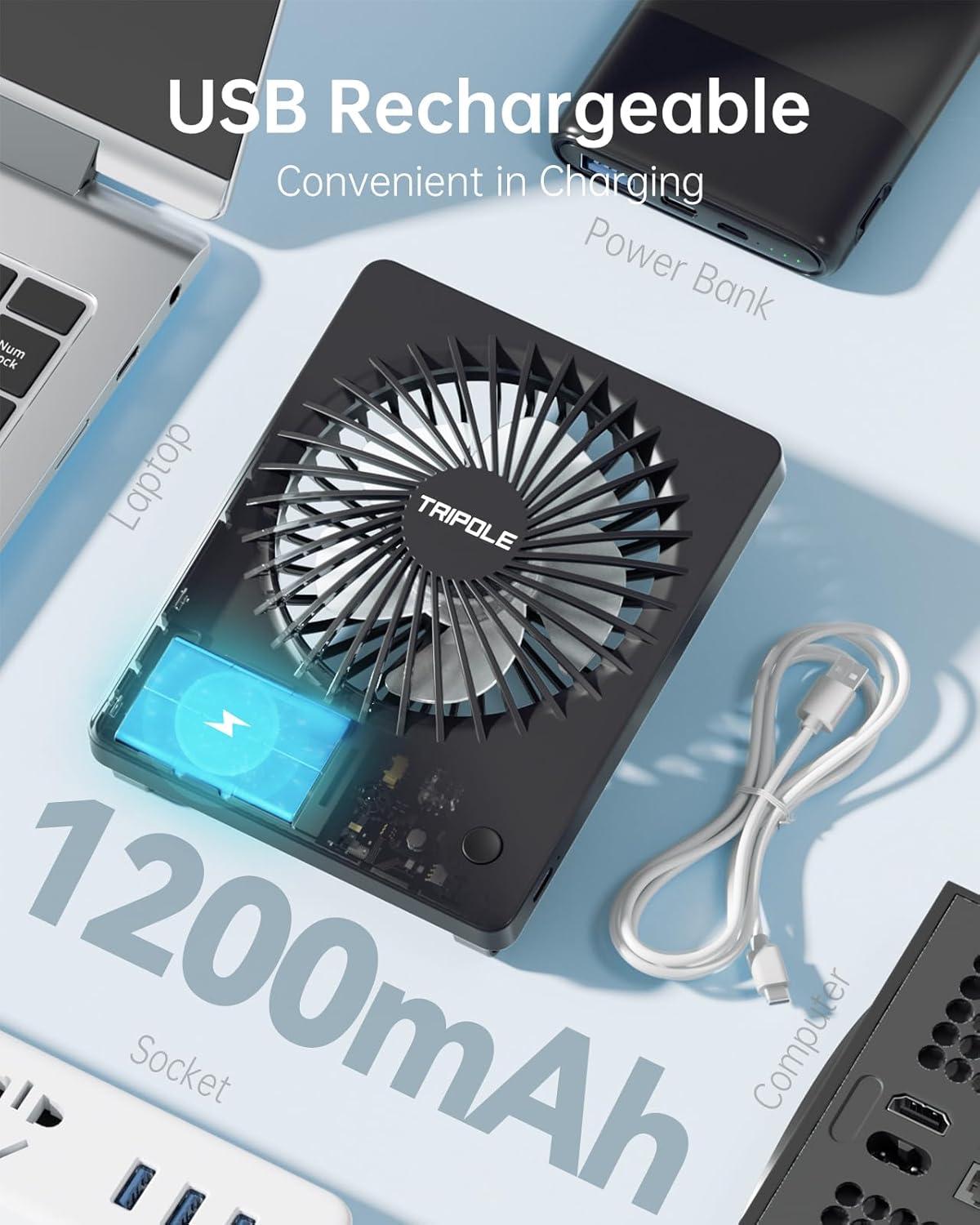 imageTriPole Mini Desk Fan Rechargeable Portable Fan Ultra Quiet Small Personal Fan 45 Inch Travel Fan with 180 Tilt Folding and 3 Speeds Adjustable for Office Desktop Bedroom BlackBlack