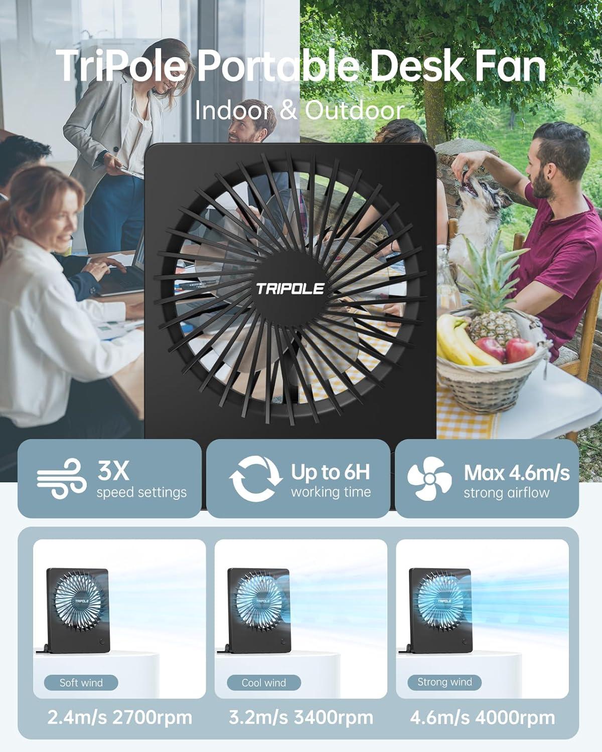 imageTriPole Mini Desk Fan Rechargeable Portable Fan Ultra Quiet Small Personal Fan 45 Inch Travel Fan with 180 Tilt Folding and 3 Speeds Adjustable for Office Desktop Bedroom BlackBlack