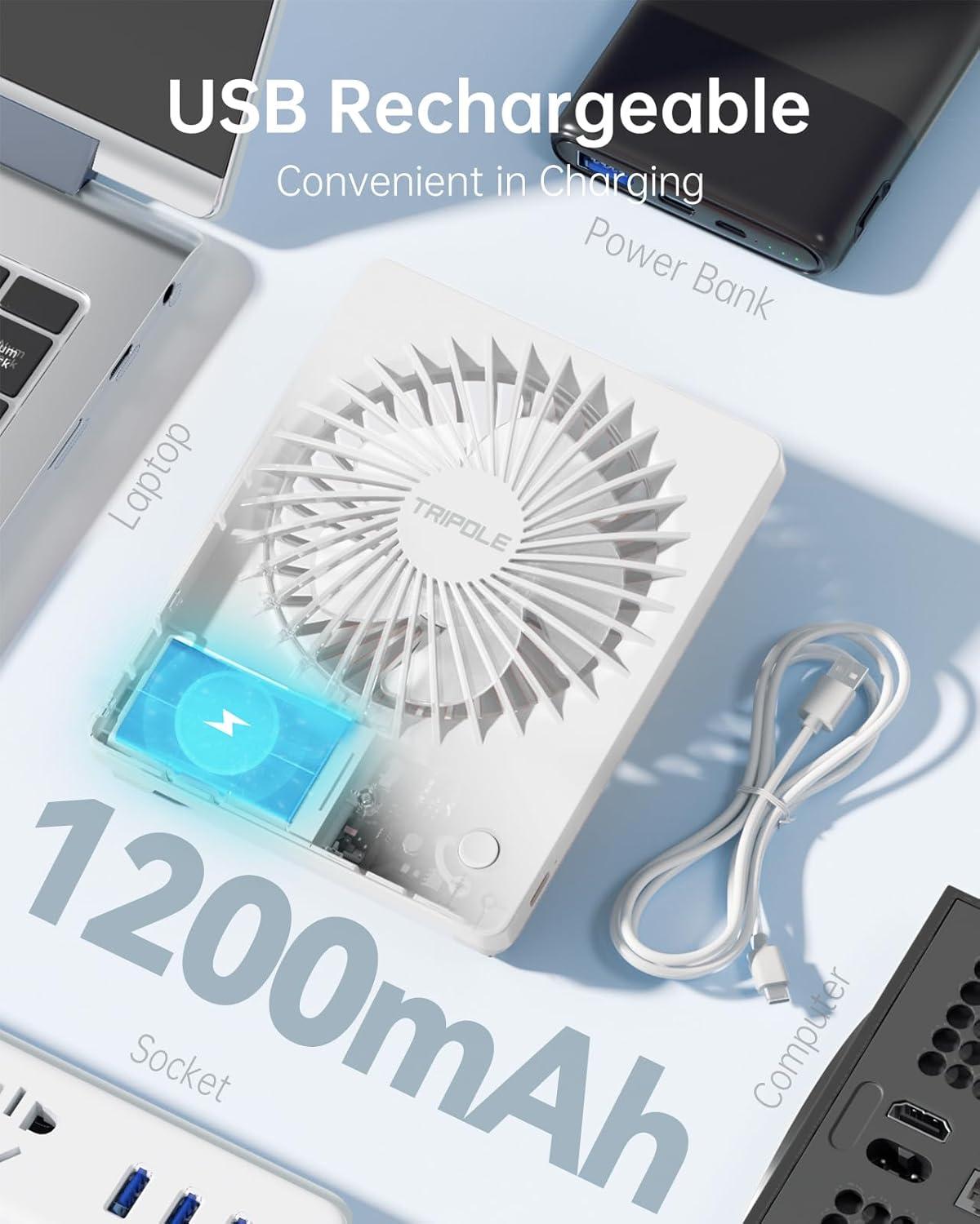 imageTriPole Mini Desk Fan Rechargeable Portable Fan Ultra Quiet Small Personal Fan 45 Inch Travel Fan with 180 Tilt Folding and 3 Speeds Adjustable for Office Desktop Bedroom BlackWhite