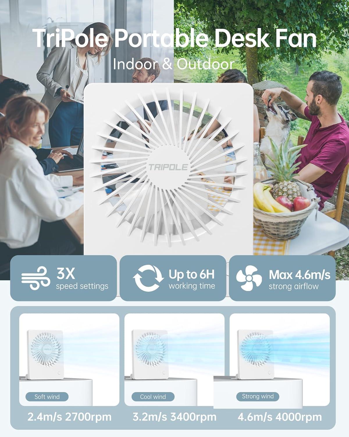 imageTriPole Mini Desk Fan Rechargeable Portable Fan Ultra Quiet Small Personal Fan 45 Inch Travel Fan with 180 Tilt Folding and 3 Speeds Adjustable for Office Desktop Bedroom BlackWhite
