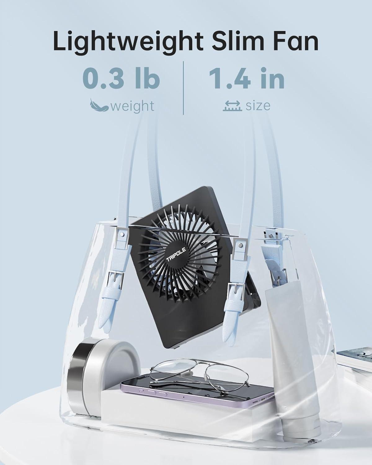 imageTriPole Mini Desk Fan Rechargeable Portable Fan Ultra Quiet Small Personal Fan 45 Inch Travel Fan with 180 Tilt Folding and 3 Speeds Adjustable for Office Desktop Bedroom BlackBlack