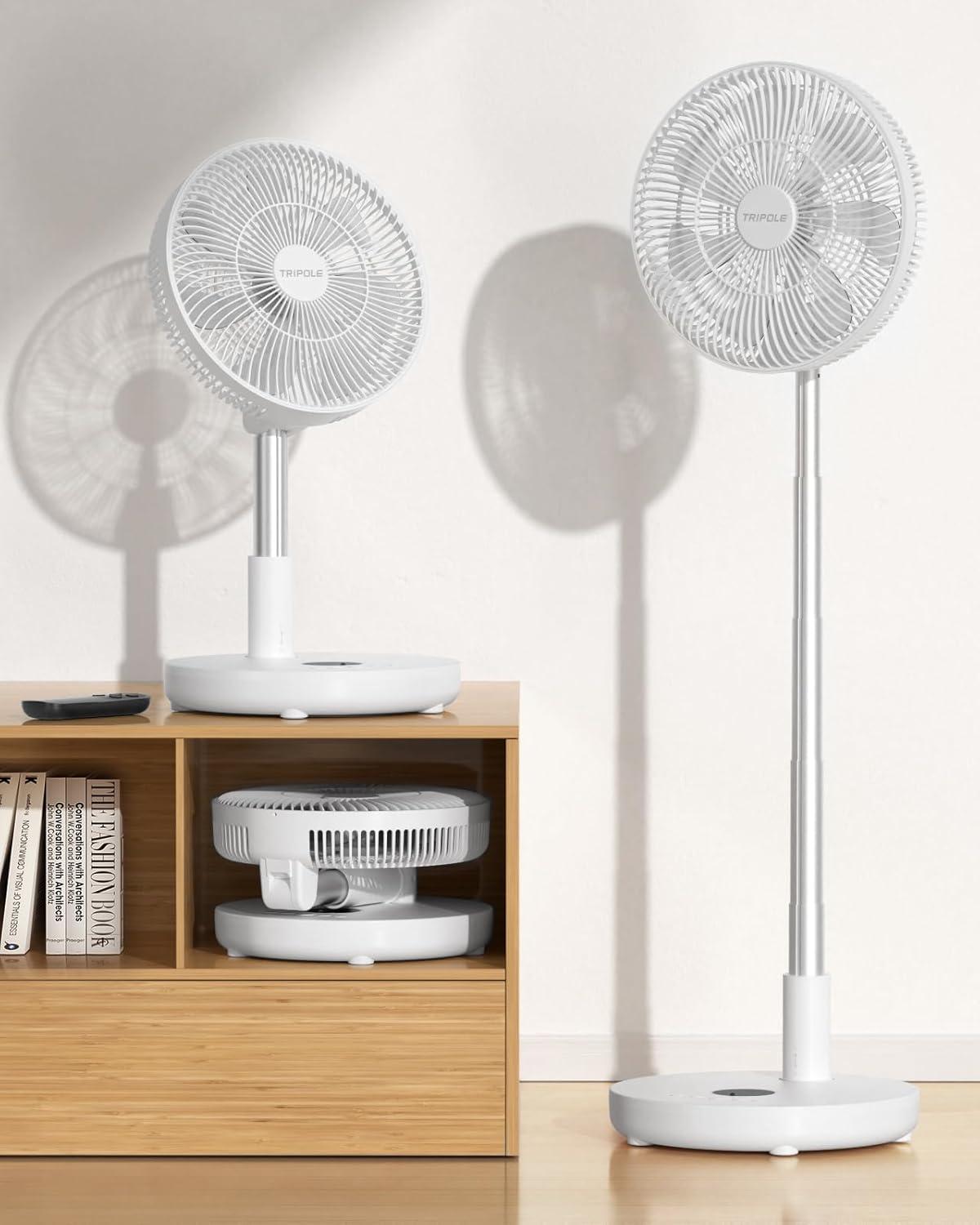 imageTriPole Oscillating Fan Portable Quiet Standing Fan with Remote 12quot Rechargeable Pedestal Fan for Bedroom Office Foldable Battery Powered Travel Fan Adjustable Height 8H Timer 6 Speeds 444Wh