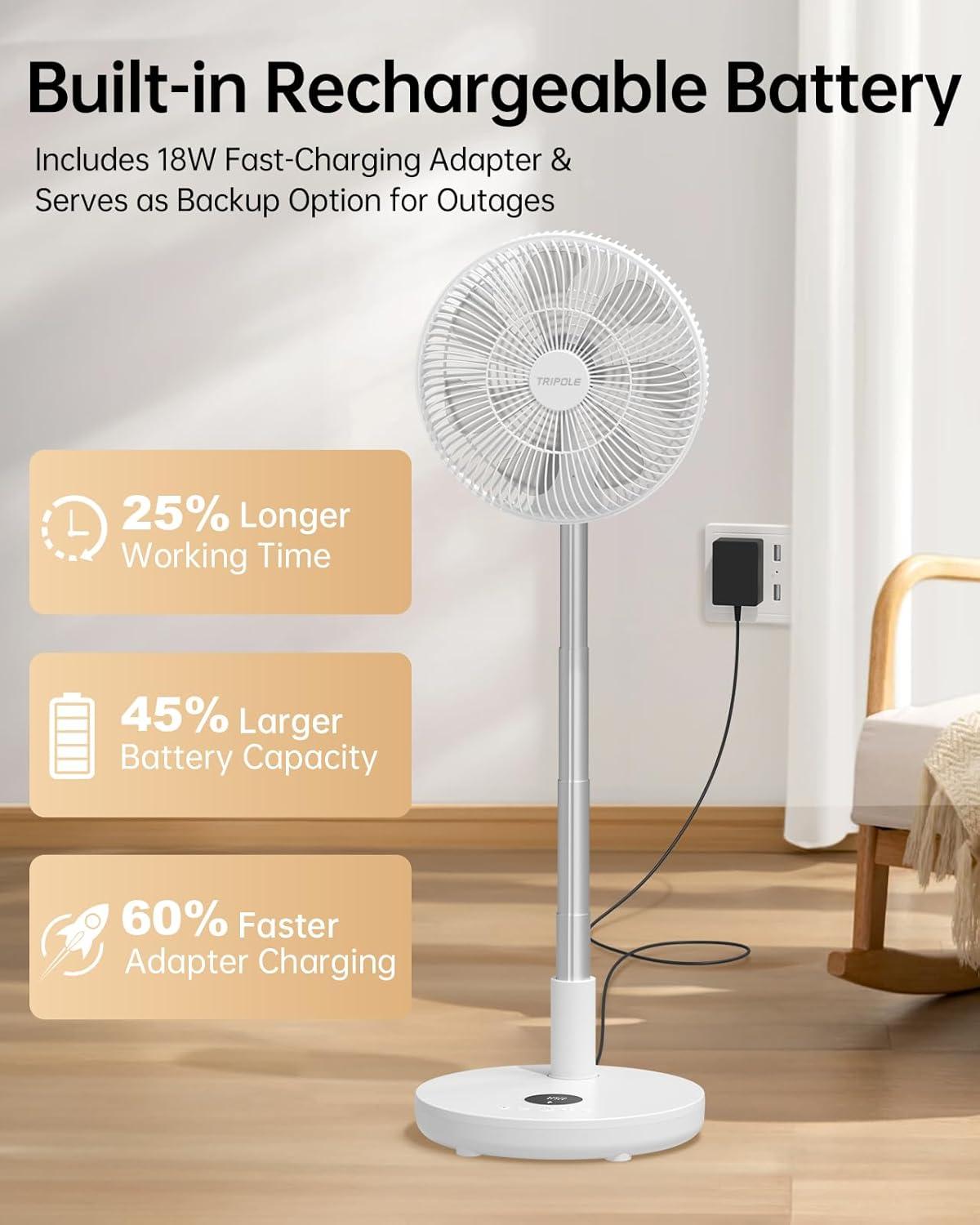 imageTriPole Oscillating Fan Portable Quiet Standing Fan with Remote 12quot Rechargeable Pedestal Fan for Bedroom Office Foldable Battery Powered Travel Fan Adjustable Height 8H Timer 6 Speeds 444Wh