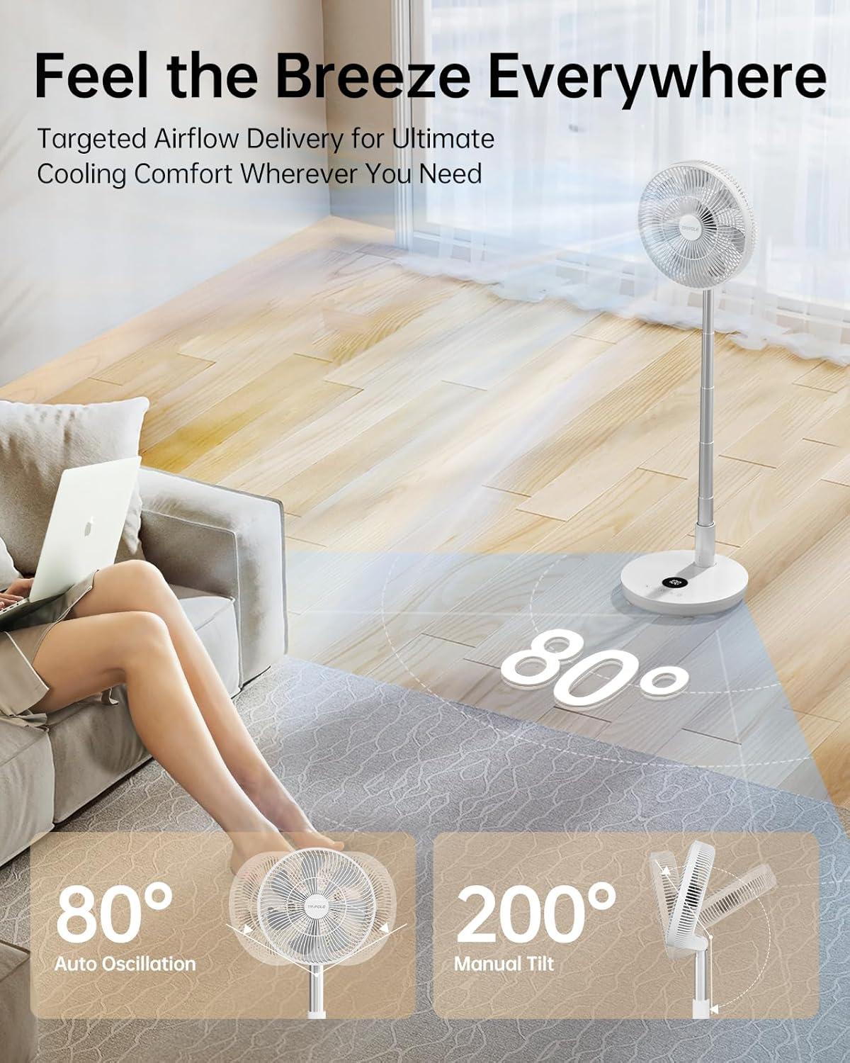 imageTriPole Oscillating Fan Portable Quiet Standing Fan with Remote 12quot Rechargeable Pedestal Fan for Bedroom Office Foldable Battery Powered Travel Fan Adjustable Height 8H Timer 6 Speeds 444Wh