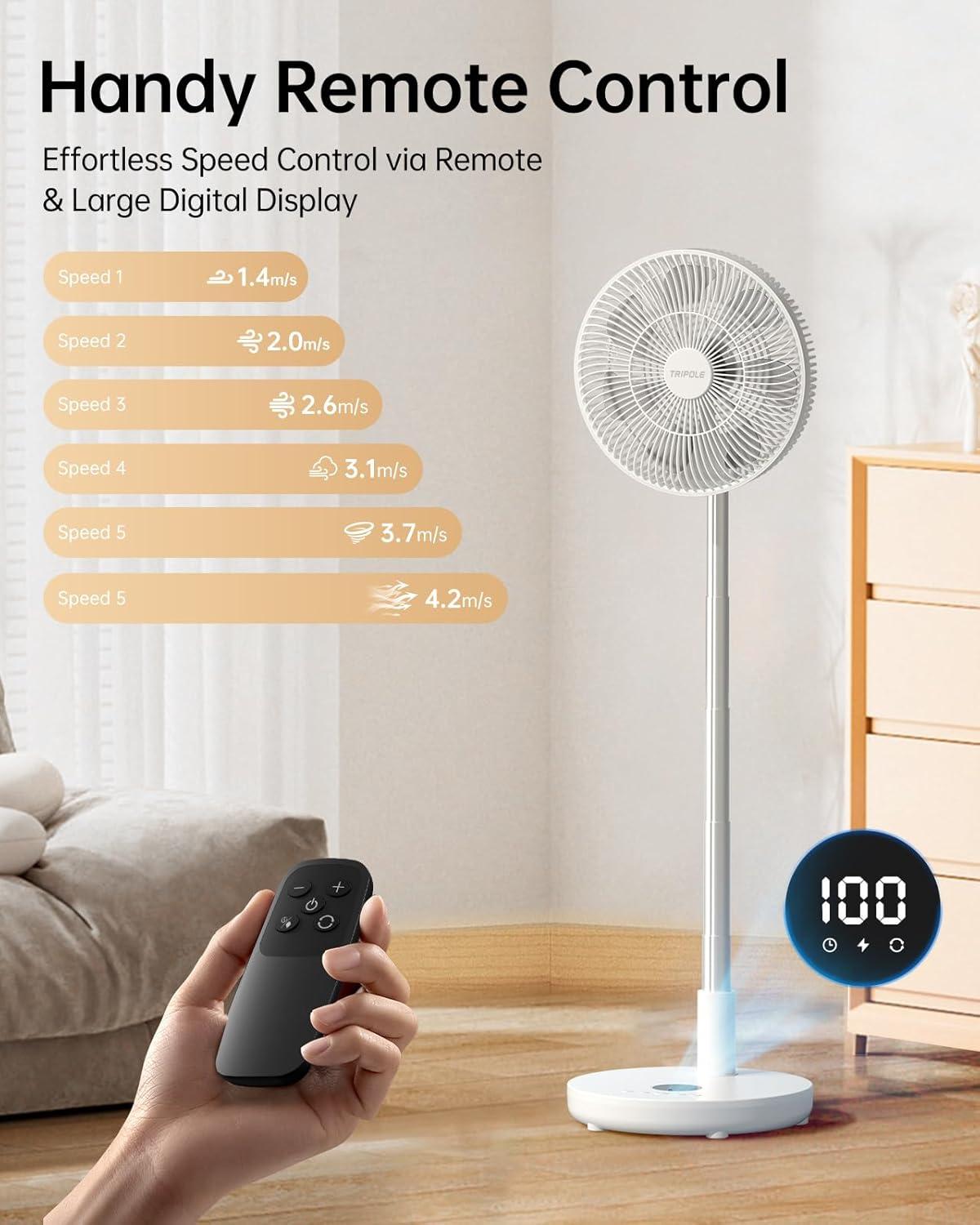 imageTriPole Oscillating Fan Portable Quiet Standing Fan with Remote 12quot Rechargeable Pedestal Fan for Bedroom Office Foldable Battery Powered Travel Fan Adjustable Height 8H Timer 6 Speeds 444Wh