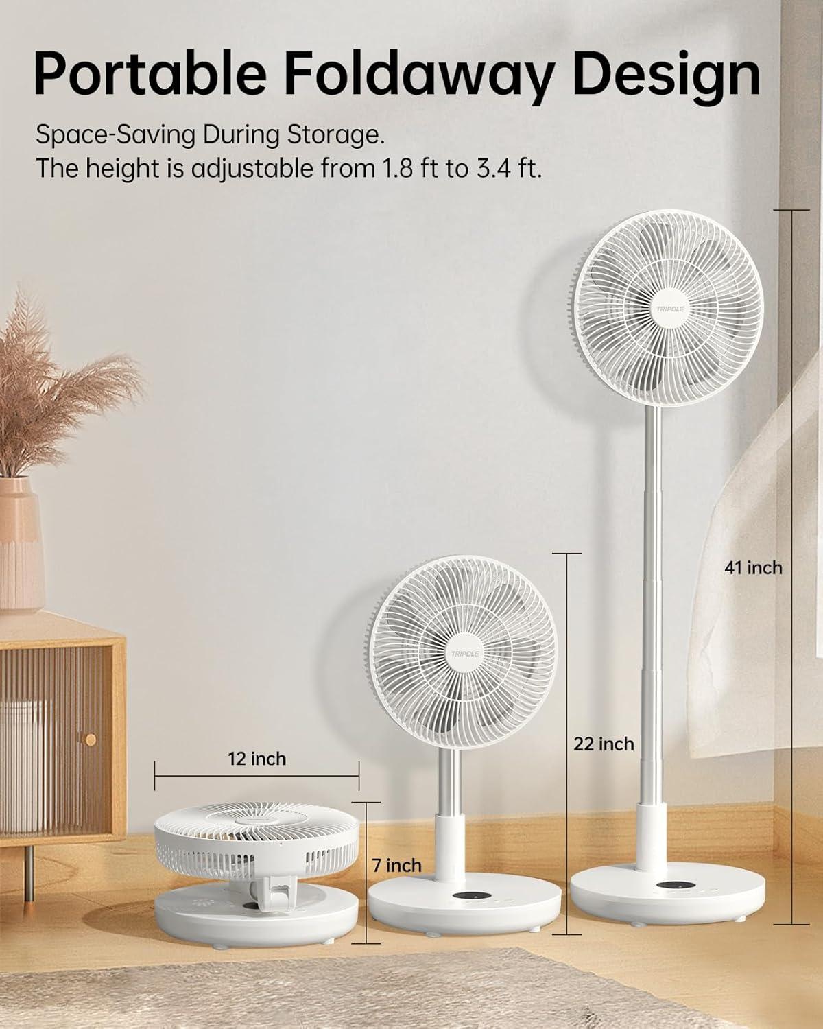imageTriPole Oscillating Fan Portable Quiet Standing Fan with Remote 12quot Rechargeable Pedestal Fan for Bedroom Office Foldable Battery Powered Travel Fan Adjustable Height 8H Timer 6 Speeds 444Wh