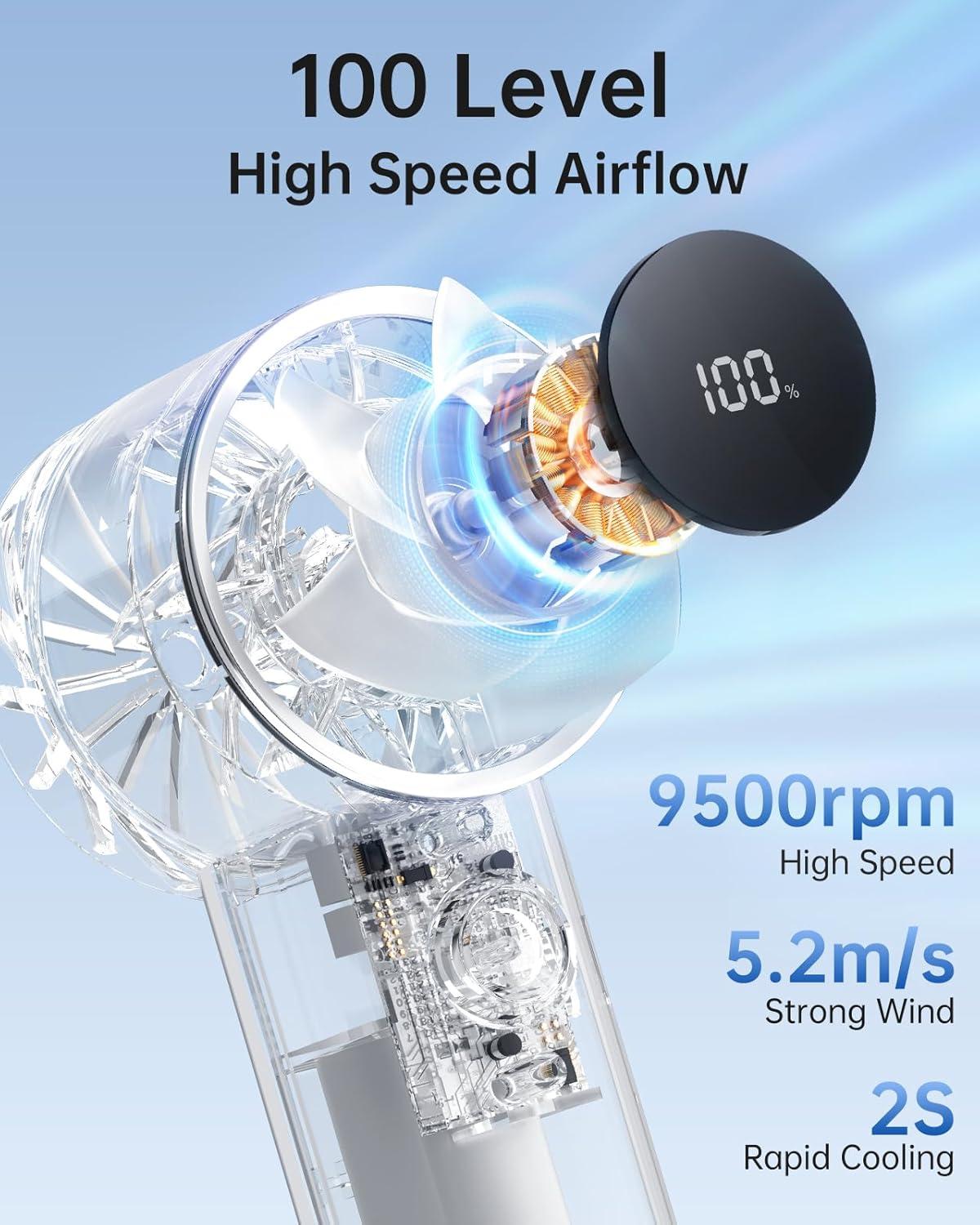 imageTriPole Transparent Portable Handheld Fan High Speed 1100 Adjustable Turbo Mini Fan 4000mAh Battery USB Rechargeable Personal Fan with Digital Displal 9500RPM Powerful Turbo Cooling Fan for Travel
