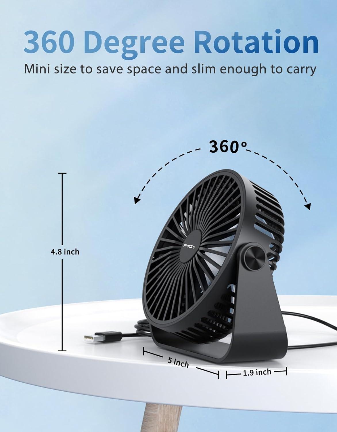 imageTriPole USB Desk Fan 45 Inches Portable Mini Fan Powerful 3 Speeds Wind Personal Desktop Fan with 360 Head Rotation for Home Office Car Indoor Outdoor BlackBlack