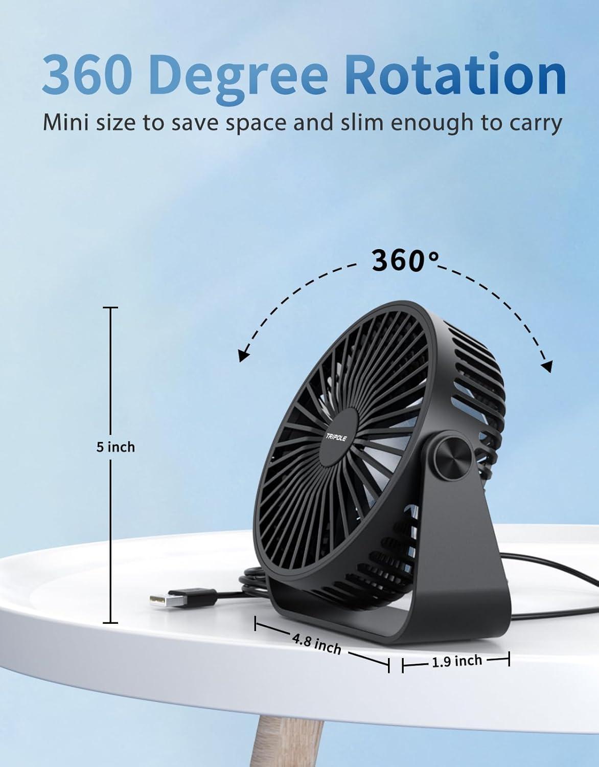 imageTriPole USB Desk Fan 45 Inches Portable Mini Fan Powerful 3 Speeds Wind Personal Desktop Fan with 360 Head Rotation for Home Office Car Indoor Outdoor BlackBlack  Black
