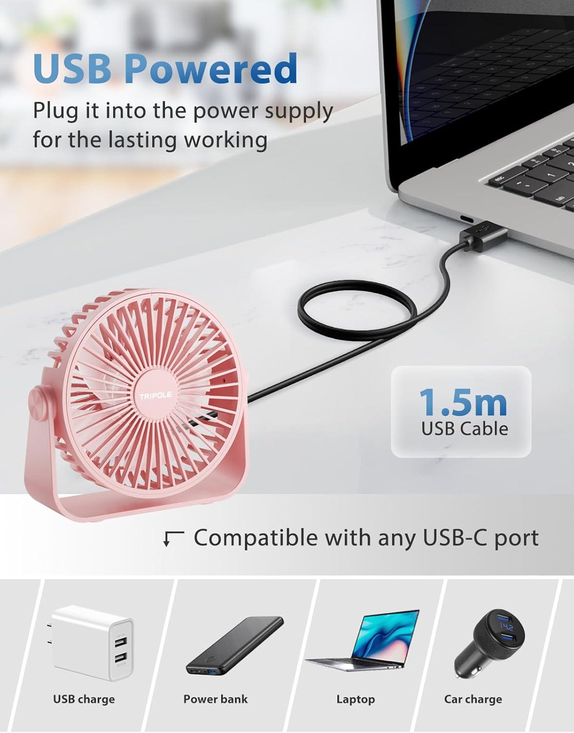 imageTriPole USB Desk Fan 45 Inches Portable Mini Fan Powerful 3 Speeds Wind Personal Desktop Fan with 360 Head Rotation for Home Office Car Indoor Outdoor BlackPink