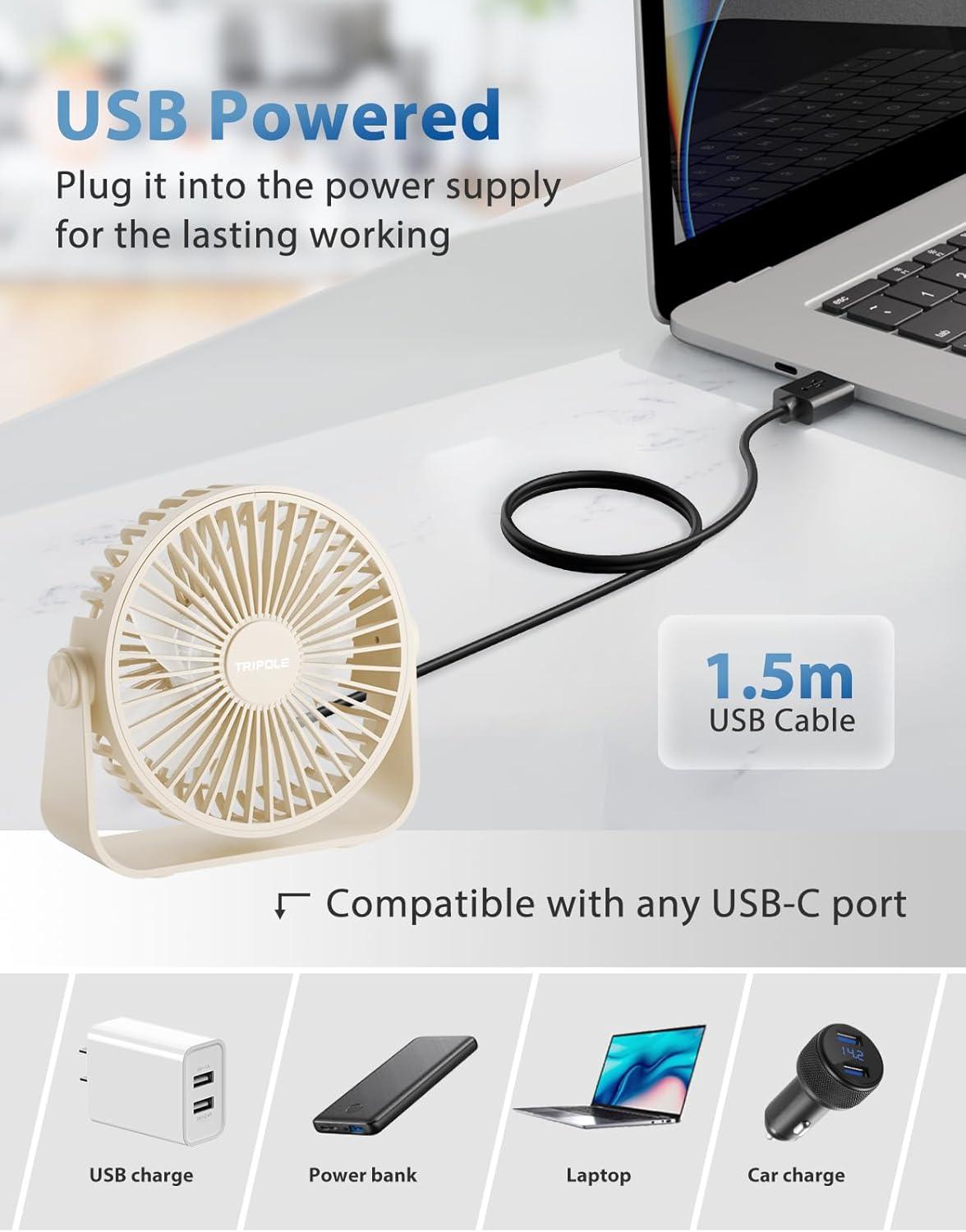 imageTriPole USB Desk Fan 45 Inches Portable Mini Fan Powerful 3 Speeds Wind Personal Desktop Fan with 360 Head Rotation for Home Office Car Indoor Outdoor BlackBeige
