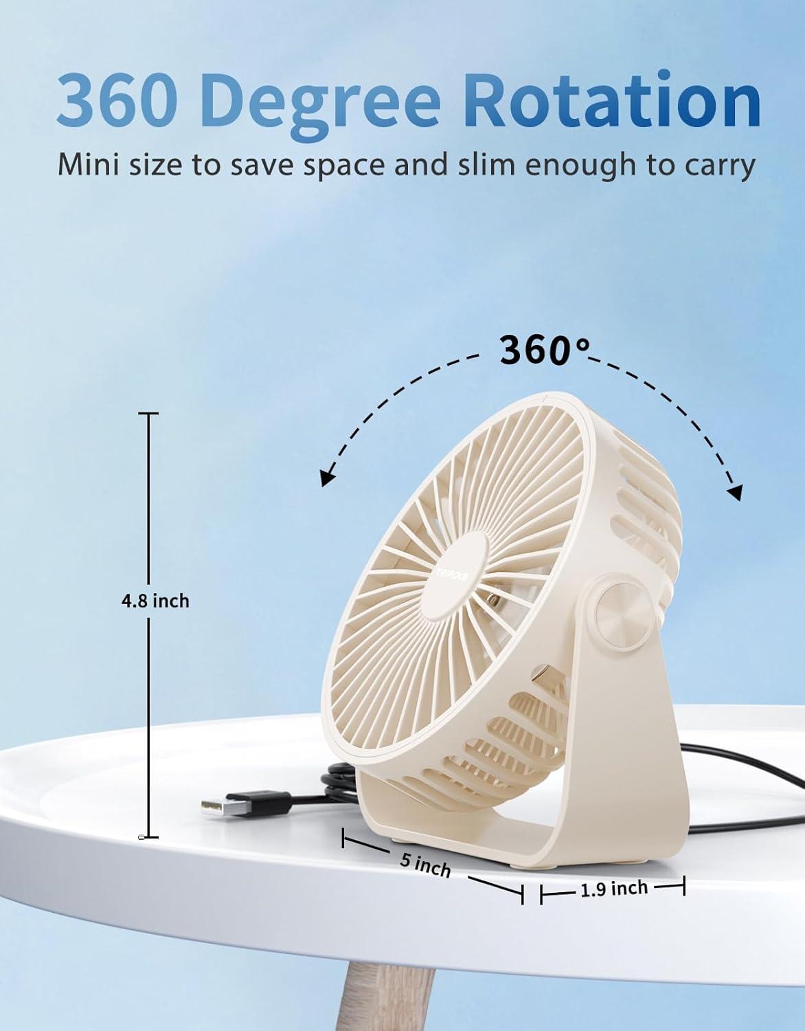 imageTriPole USB Desk Fan 45 Inches Portable Mini Fan Powerful 3 Speeds Wind Personal Desktop Fan with 360 Head Rotation for Home Office Car Indoor Outdoor BlackBeige