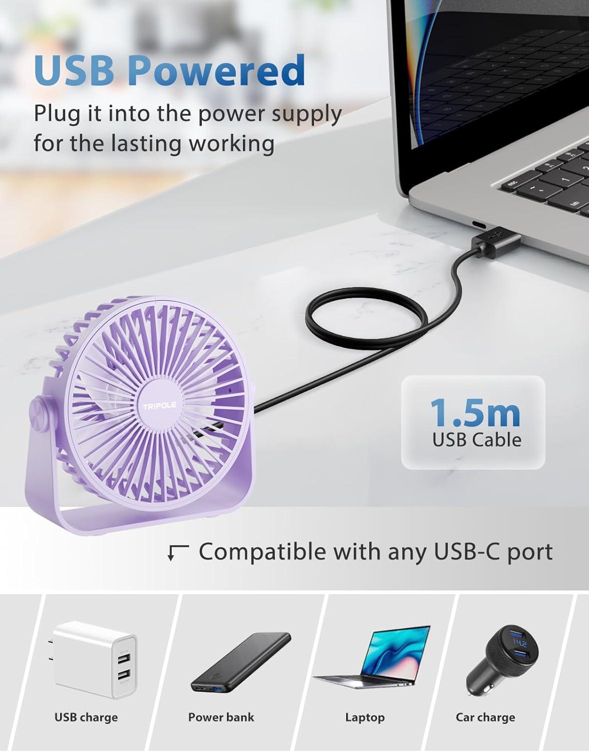 imageTriPole USB Desk Fan 45 Inches Portable Mini Fan Powerful 3 Speeds Wind Personal Desktop Fan with 360 Head Rotation for Home Office Car Indoor Outdoor BlackLight Purple