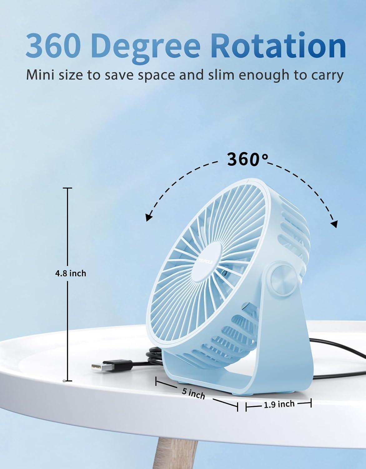 imageTriPole USB Desk Fan 45 Inches Portable Mini Fan Powerful 3 Speeds Wind Personal Desktop Fan with 360 Head Rotation for Home Office Car Indoor Outdoor BlackLight Blue