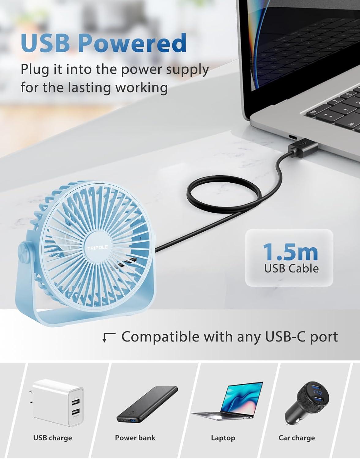 imageTriPole USB Desk Fan 45 Inches Portable Mini Fan Powerful 3 Speeds Wind Personal Desktop Fan with 360 Head Rotation for Home Office Car Indoor Outdoor BlackLight Blue