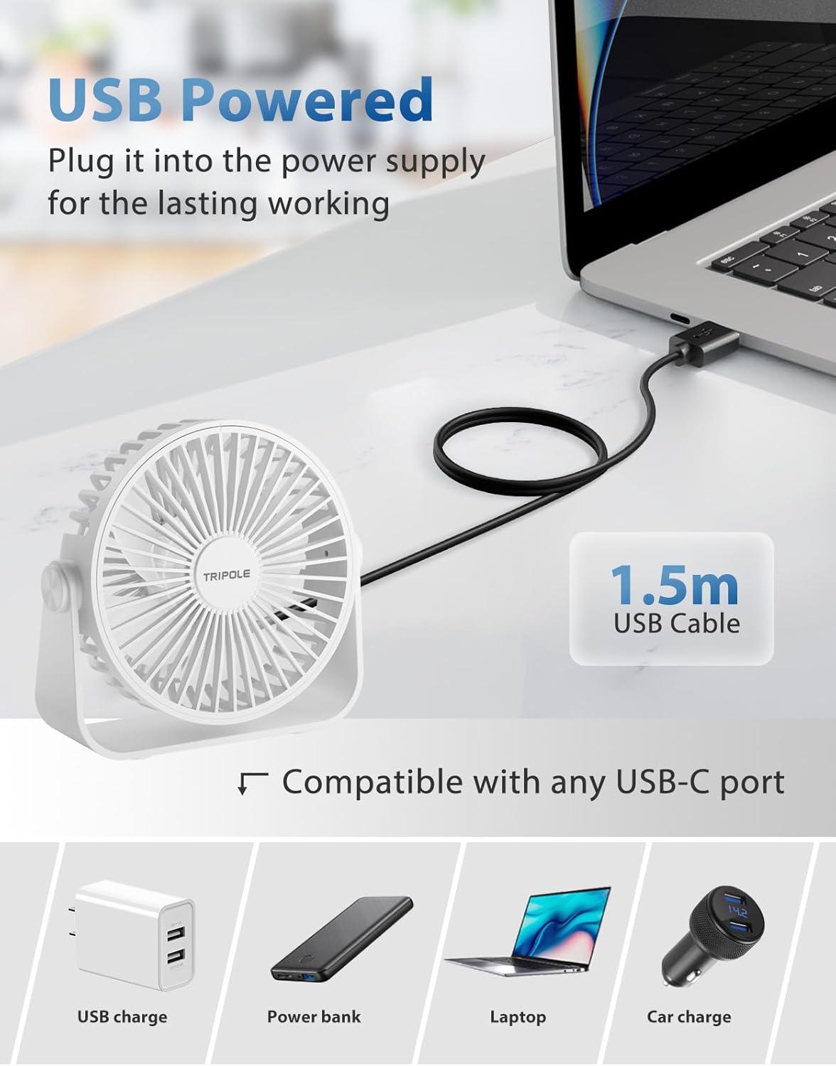 imageTriPole USB Desk Fan 45 Inches Portable Mini Fan Powerful 3 Speeds Wind Personal Desktop Fan with 360 Head Rotation for Home Office Car Indoor Outdoor BlackWhite