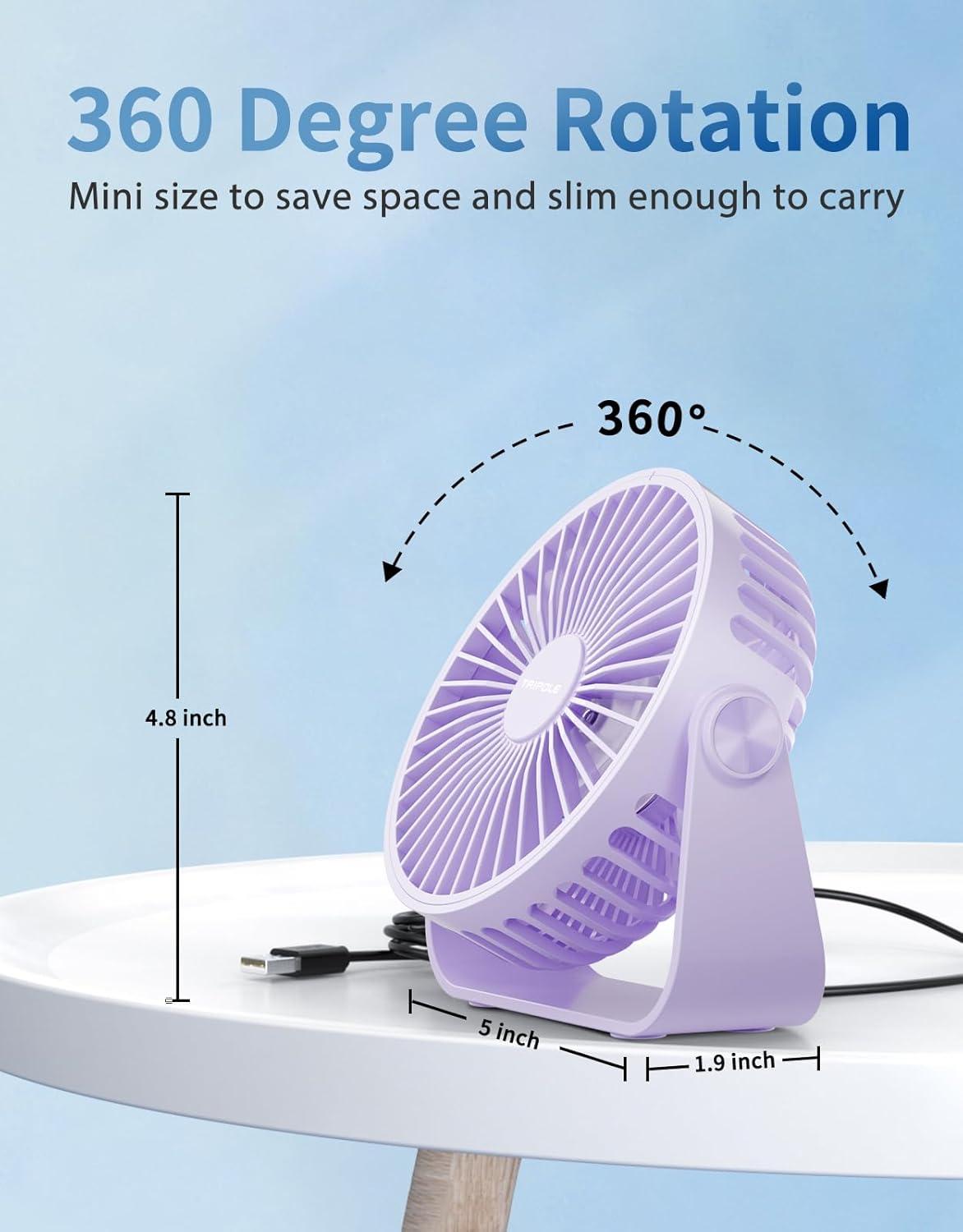 imageTriPole USB Desk Fan 45 Inches Portable Mini Fan Powerful 3 Speeds Wind Personal Desktop Fan with 360 Head Rotation for Home Office Car Indoor Outdoor BlackLight Purple