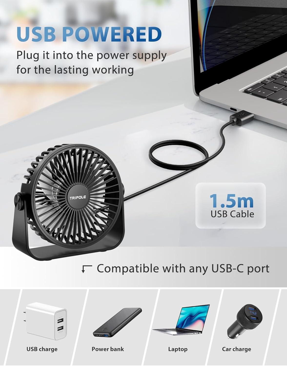 imageTriPole USB Desk Fan 45 Inches Portable Mini Fan Powerful 3 Speeds Wind Personal Desktop Fan with 360 Head Rotation for Home Office Car Indoor Outdoor BlackBlack