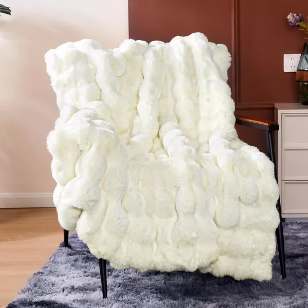 Touchat Luxury 1000GSM Faux Rabbit Fur Throw Blanket Super Heavy Warm Cozy Beige Cream Blankets for Couch Bed Sofa Bubble Plush Fuzzy Elegant Soft Reversible Mink Blanket for Living Room BedroomWhite