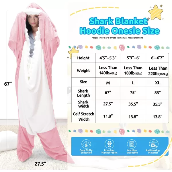Touchat Shark Blanket Onesie for Adult Super Soft Cozy Flannel Throw Wearable Blanket Hoodie Cartoon Animals Shark Sleeping Bag Cosplay Shark Costume Blanket Gifts for Shark Lovers BlueMPink