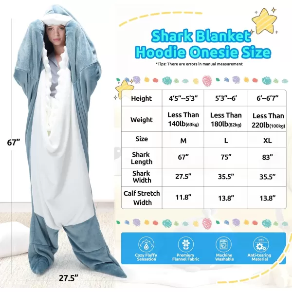 Touchat Shark Blanket Onesie for Adult Super Soft Cozy Flannel Throw Wearable Blanket Hoodie Cartoon Animals Shark Sleeping Bag Cosplay Shark Costume Blanket Gifts for Shark Lovers BlueMBlue