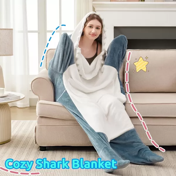 Touchat Shark Blanket for Adult Super Soft Cozy Flannel Throw Wearable Blanket Cartoon Animals Shark Blanket Hoodie Sleeping Bag Cosplay Shark Costume Blanket Gifts for Shark Lovers BlueMGblue